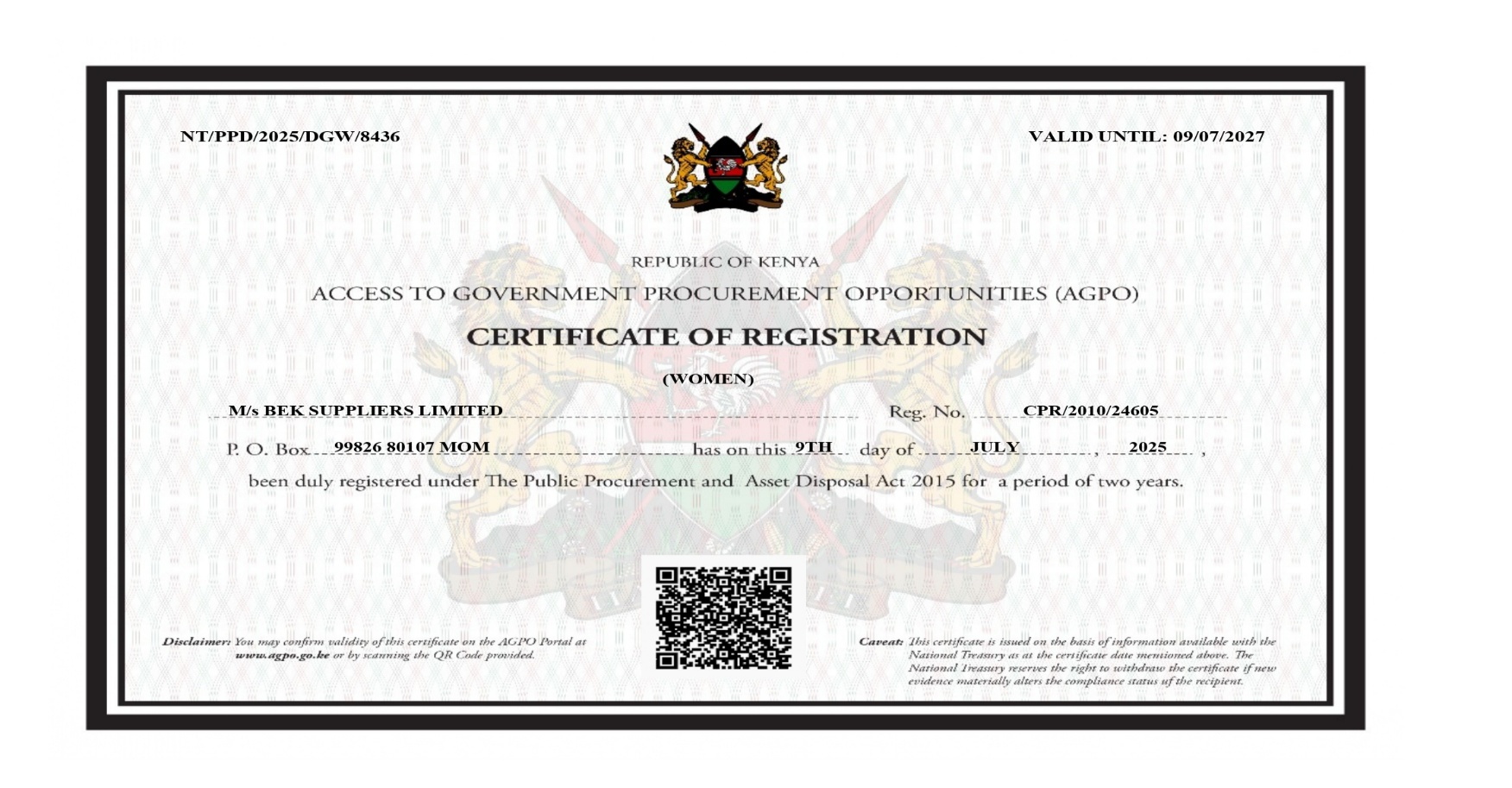 AGPO Certificate
